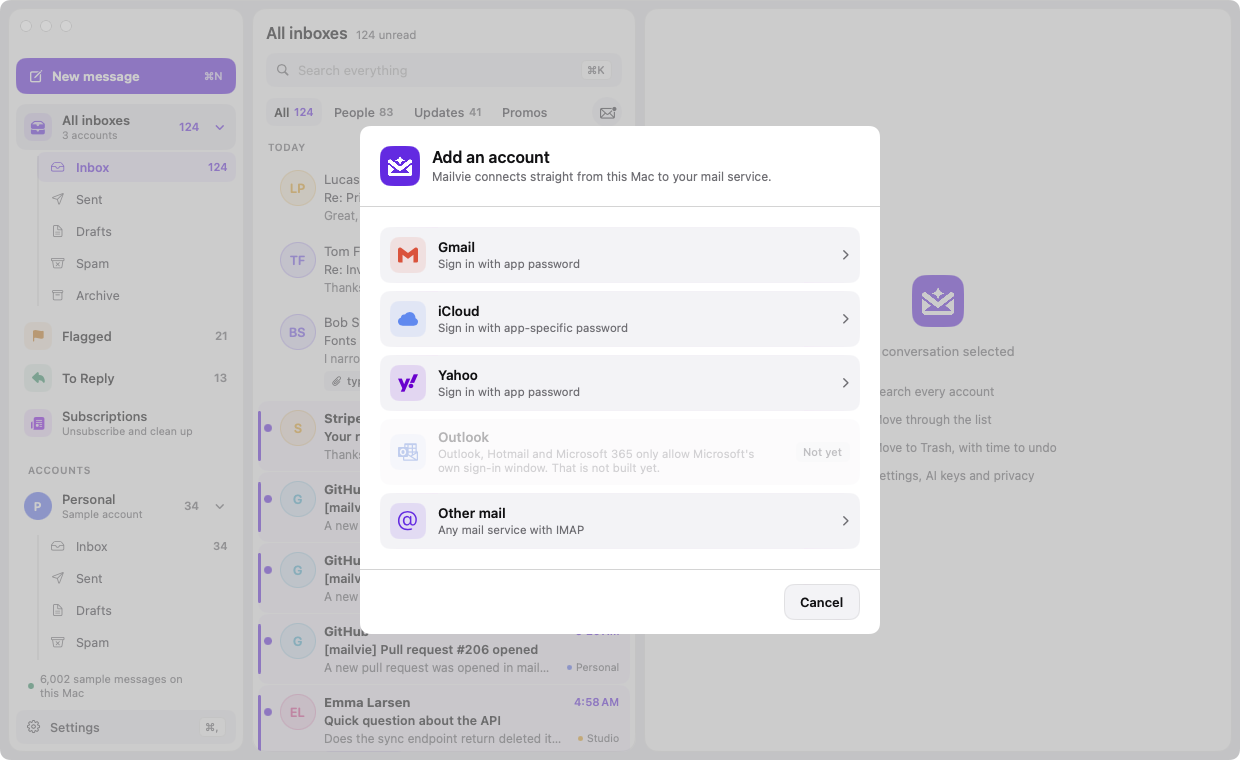 The Mailvie window with the Add an account sheet open, offering Gmail, iCloud, Yahoo and other mail with IMAP