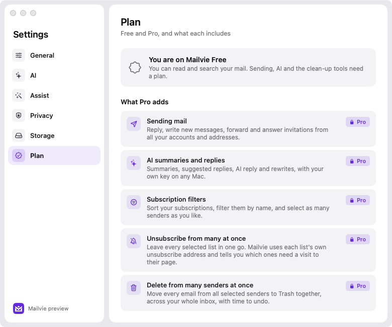 The Plan page in Mailvie's Settings, listing what a plan adds: sending mail, AI summaries and replies, subscription filters, unsubscribing from many lists and deleting from many senders